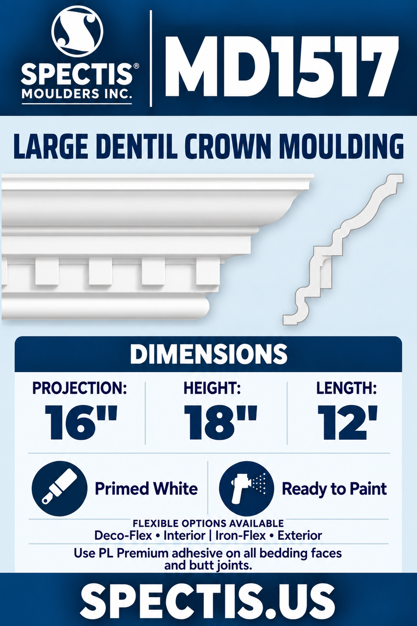 MD1517 large dentil crown moulding section and side profile