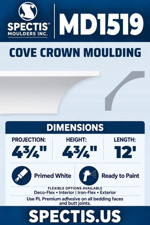 MD1519 cove crown moulding section and side profile