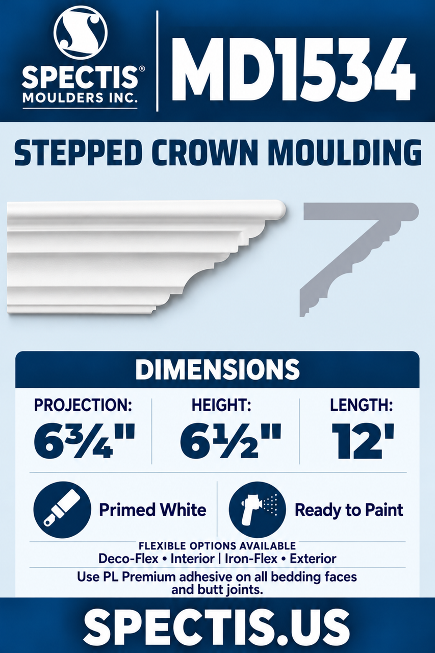 MD1534 stepped crown moulding section and side profile