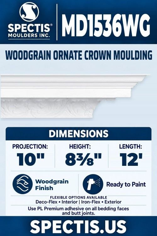 MD1536WG woodgrain ornate crown moulding section and side profile