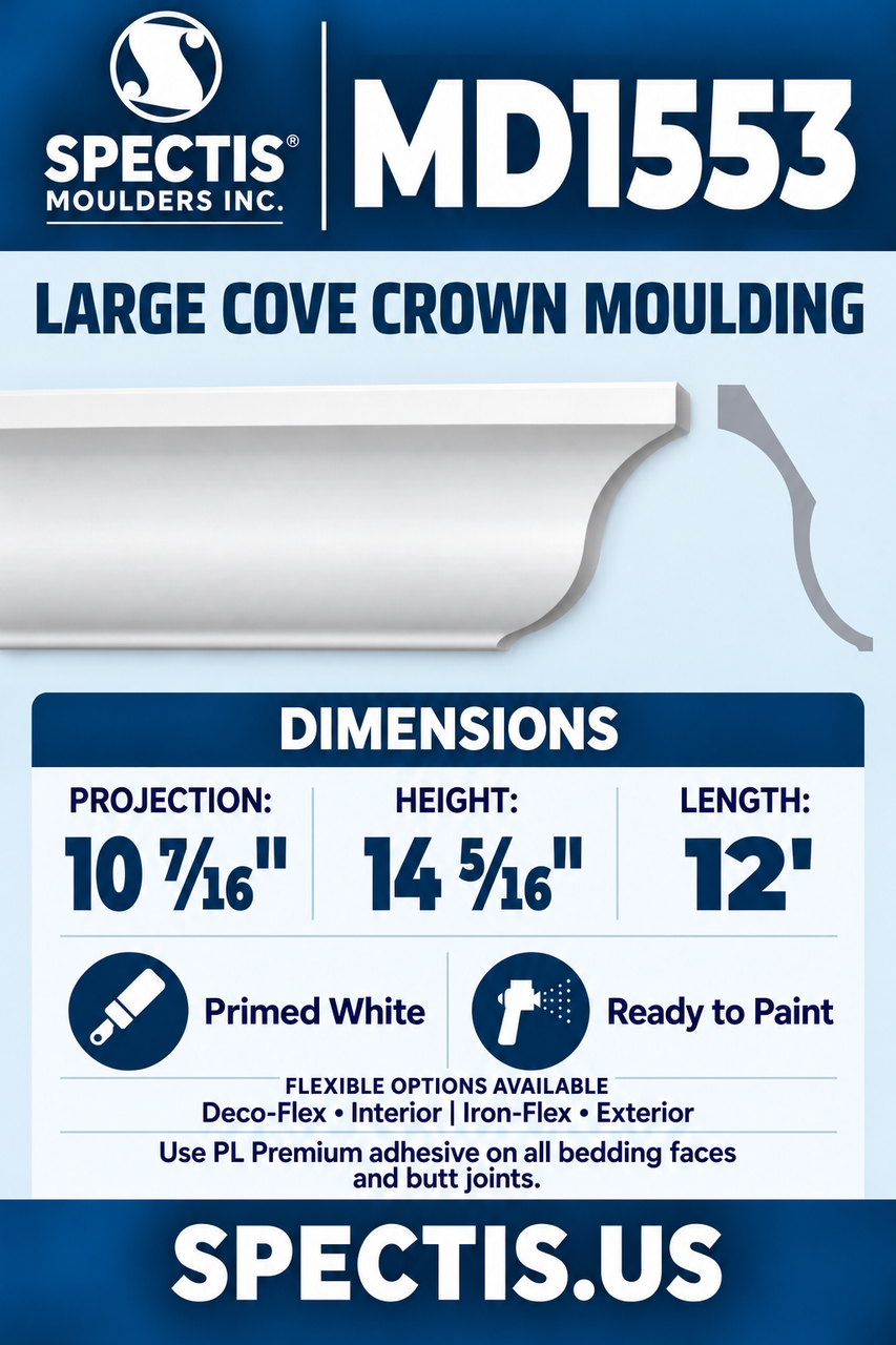 MD1553 large cove crown moulding section and side profile