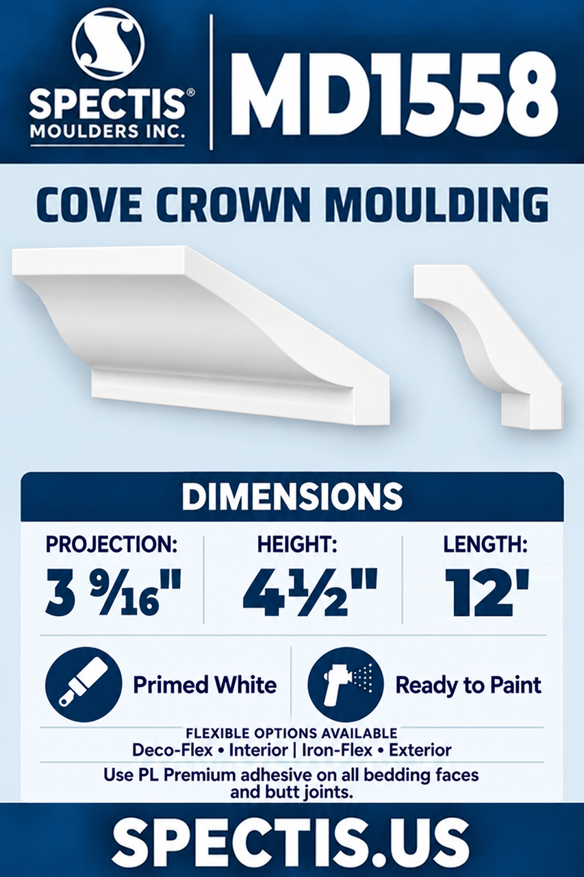 MD1558 cove crown moulding section and side profile