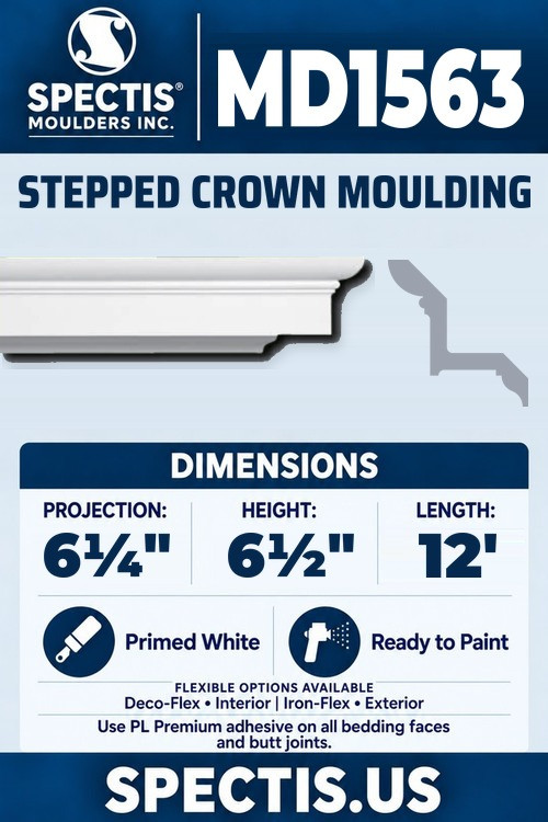MD1563 stepped crown moulding section and side profile