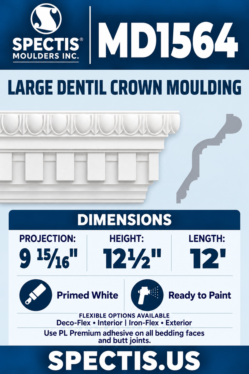 MD1564 large dentil crown moulding section and side profile