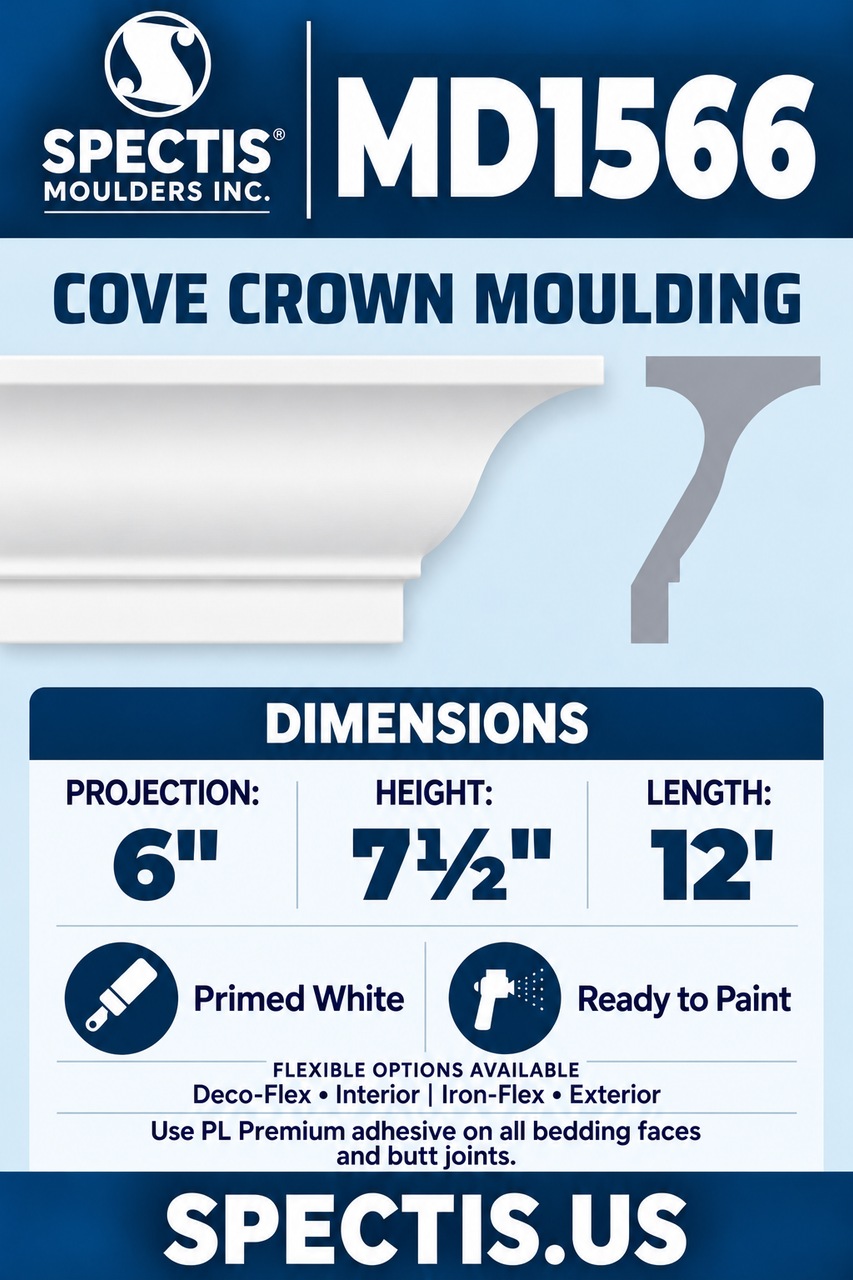 MD1566 cove crown moulding section and side profile