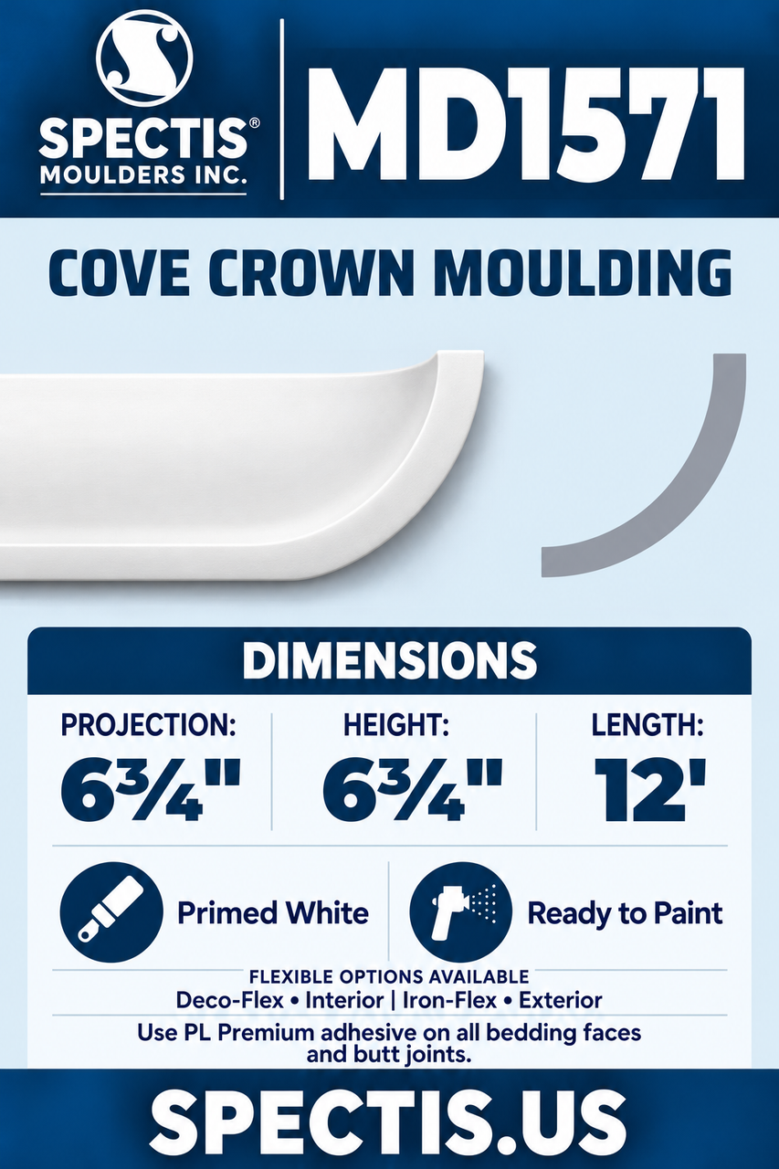 MD1571 cove crown moulding section and side profile
