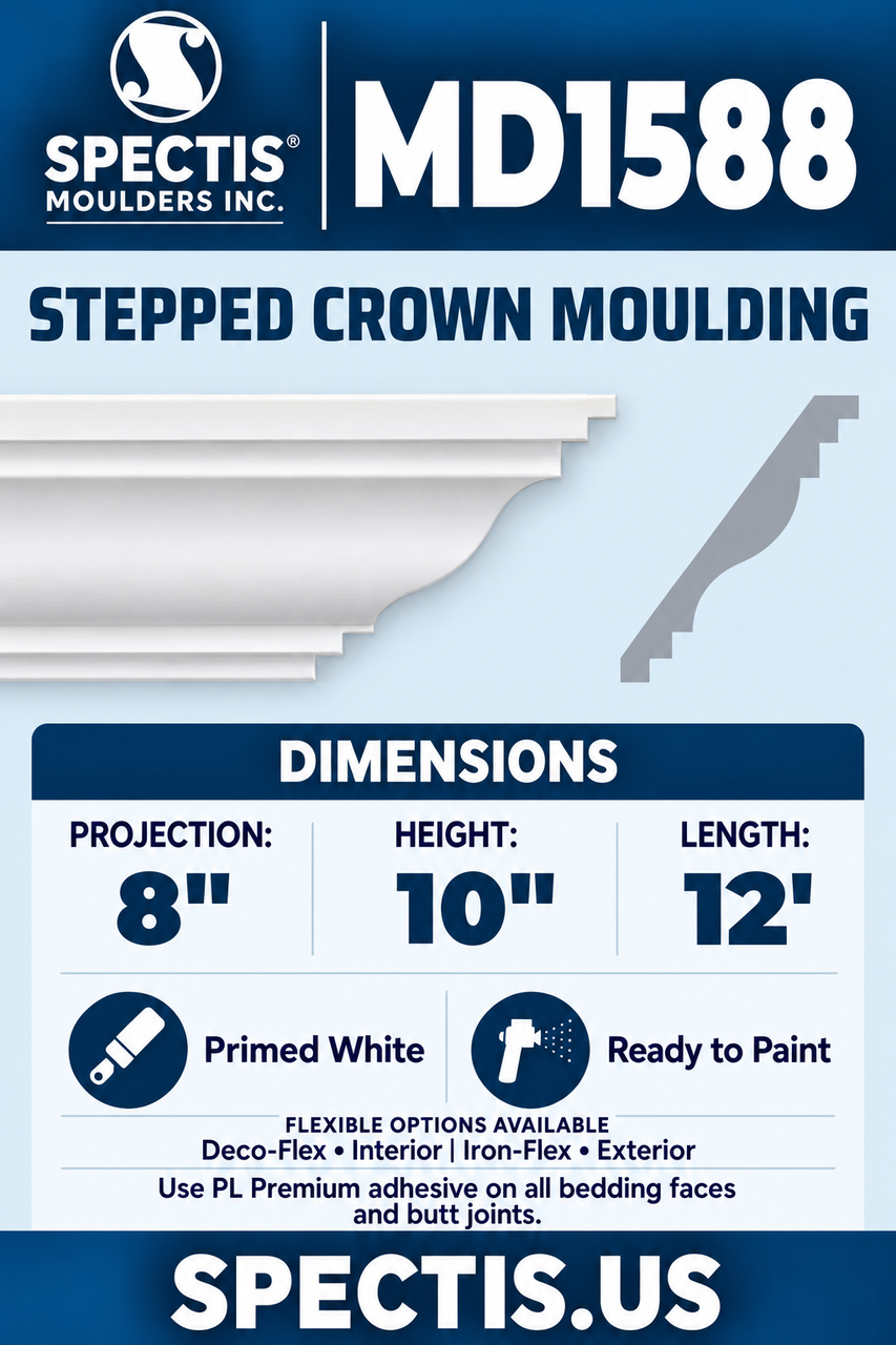 MD1588 stepped crown moulding section and side profile