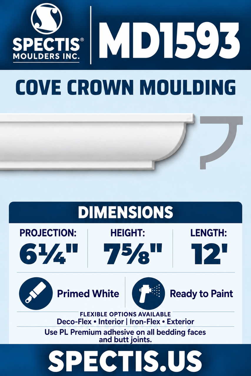 MD1593 cove crown moulding section and side profile