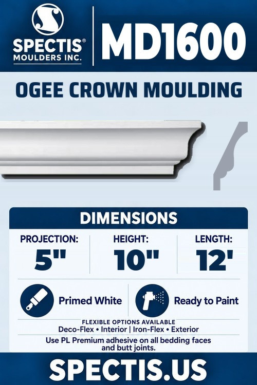 MD1600 ogee crown moulding section and side profile