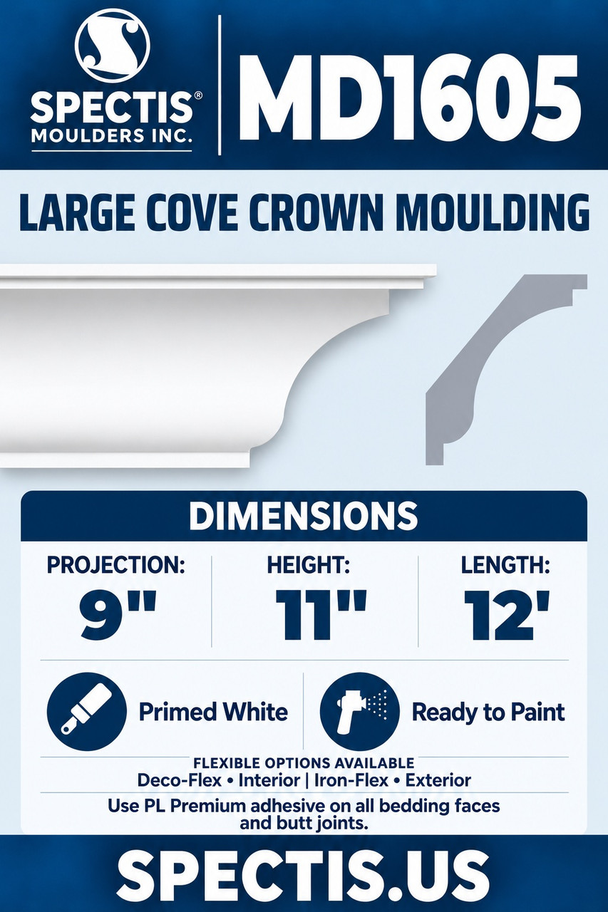 MD1605 large cove crown moulding section and side profile