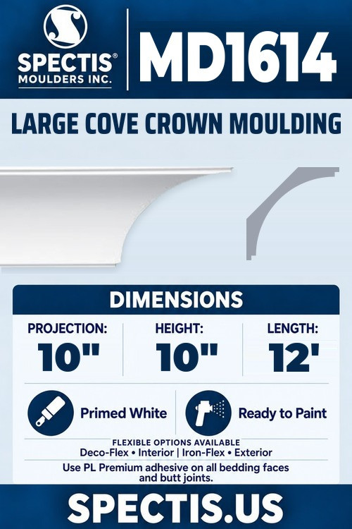 MD1614 large cove crown moulding section and side profile