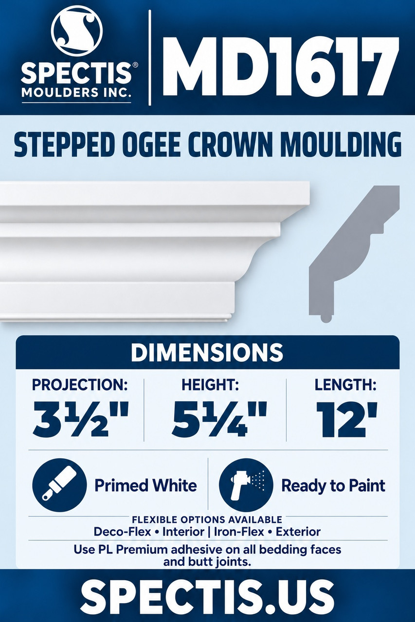 MD1617 stepped ogee crown moulding section and side profile