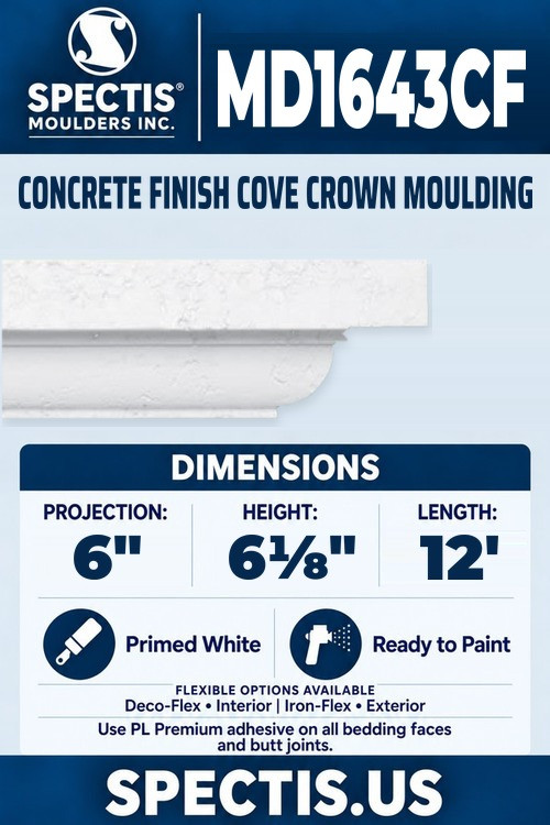 MD1643CF concrete finish cove crown moulding section and side profile