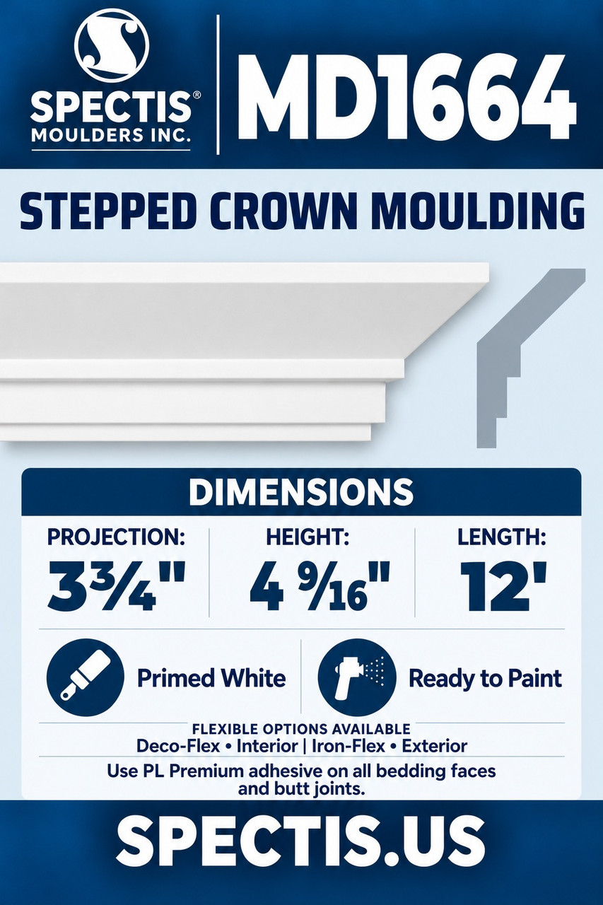 MD1664 stepped crown moulding section and side profile