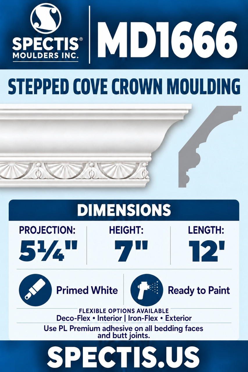 MD1666 stepped cove crown moulding section and side profile