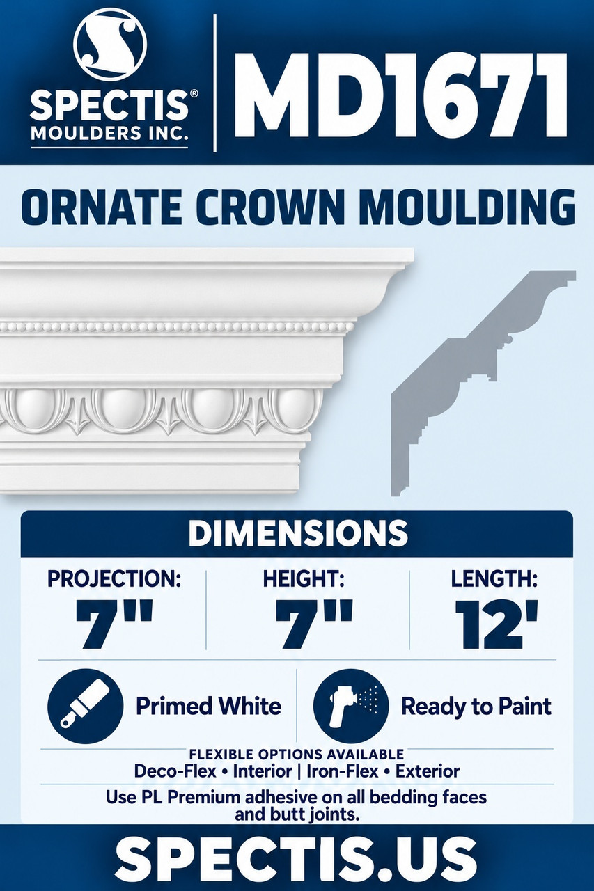MD1671 ornate crown moulding section and side profile