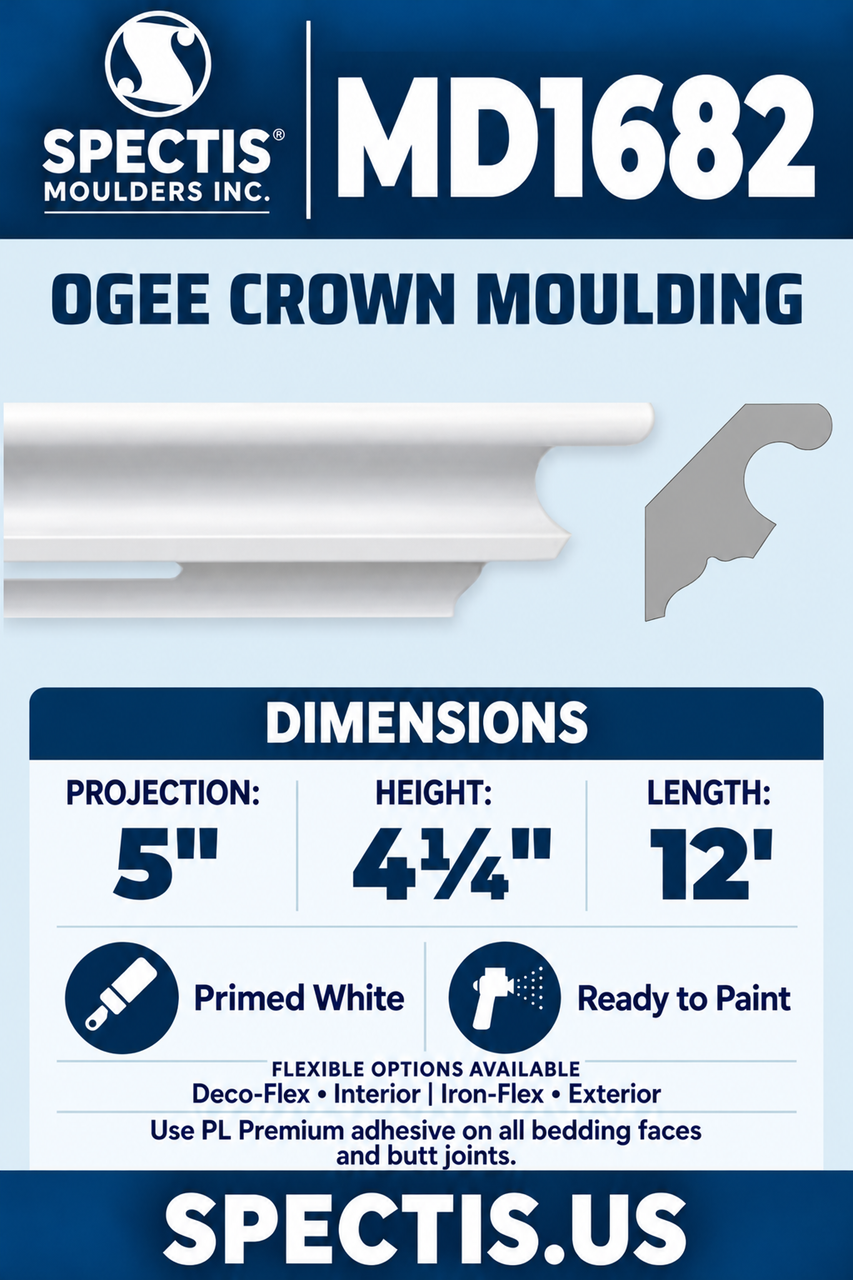MD1682 ogee crown moulding section and side profile