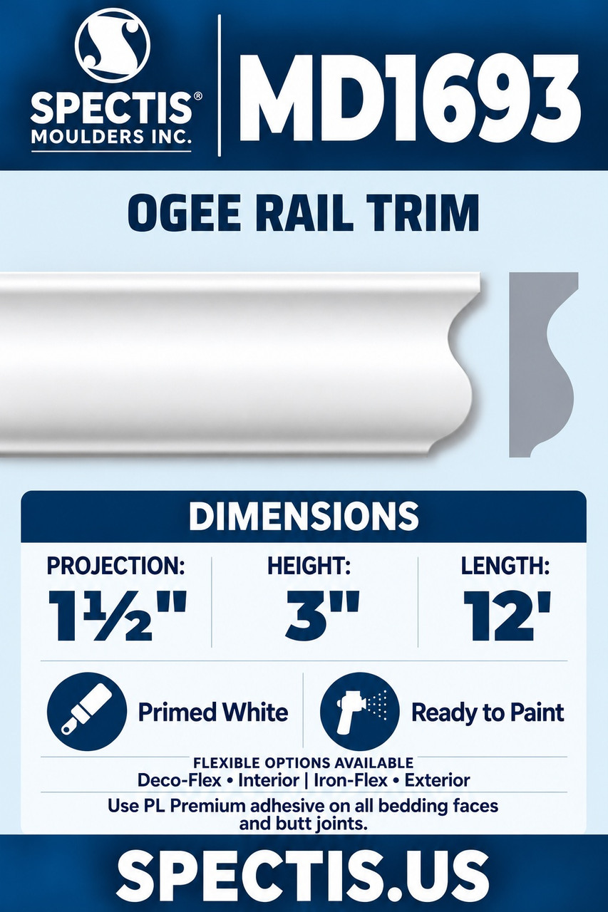 MD1693 ogee rail trim section and side profile
