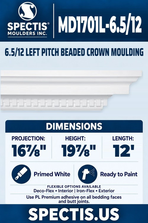 MD1701L-6.5/12 6.5/12 left pitch beaded crown moulding section and side profile