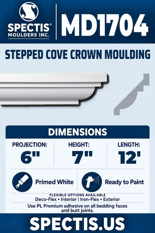MD1704 stepped cove crown moulding section and side profile
