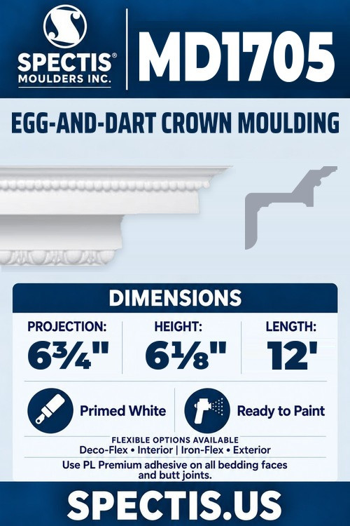 MD1705 egg-and-dart crown moulding section and side profile