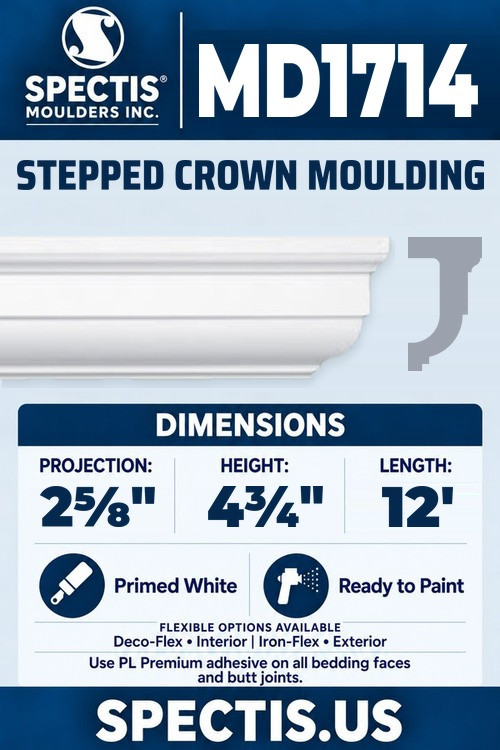 MD1714 stepped crown moulding section and side profile