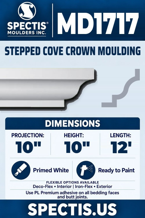 MD1717 stepped cove crown moulding section and side profile