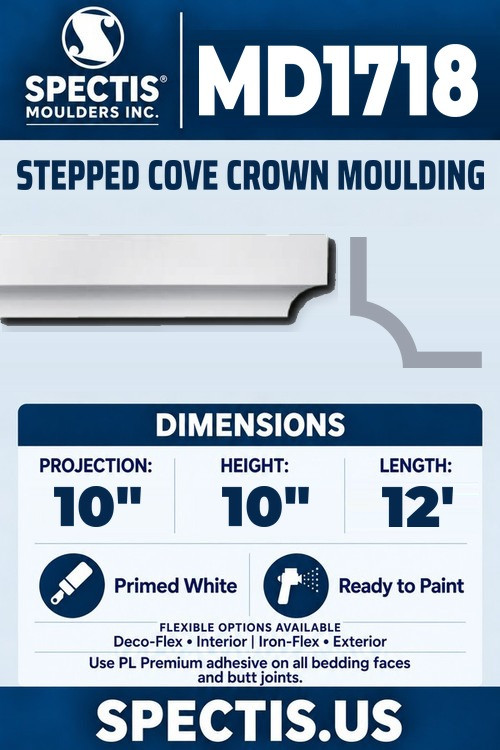 MD1718 stepped cove crown moulding section and side profile