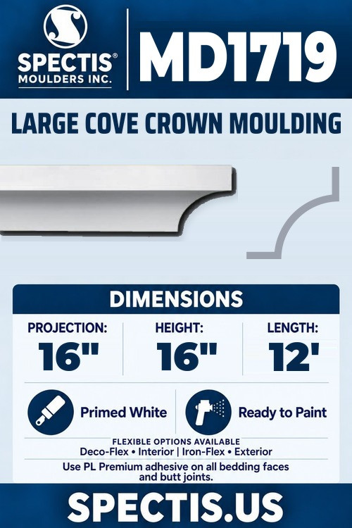 MD1719 large cove crown moulding section and side profile