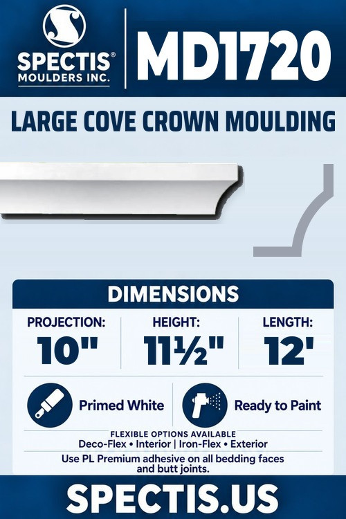 MD1720 large cove crown moulding section and side profile