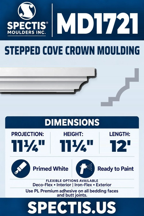 MD1721 stepped cove crown moulding section and side profile