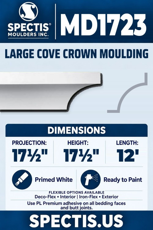 MD1723 large cove crown moulding section and side profile