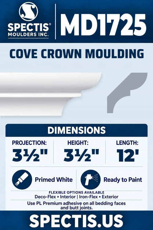 MD1725 cove crown moulding section and side profile