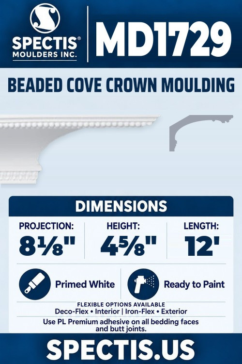 MD1729 beaded cove crown moulding section and side profile