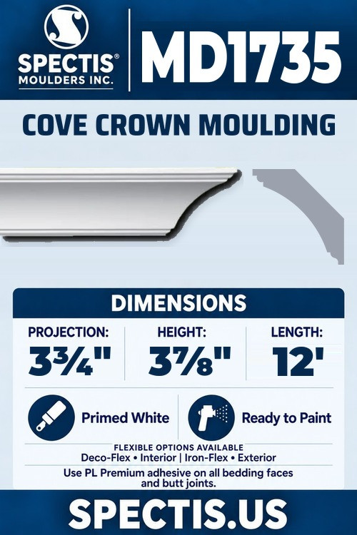 MD1735 cove crown moulding section and side profile