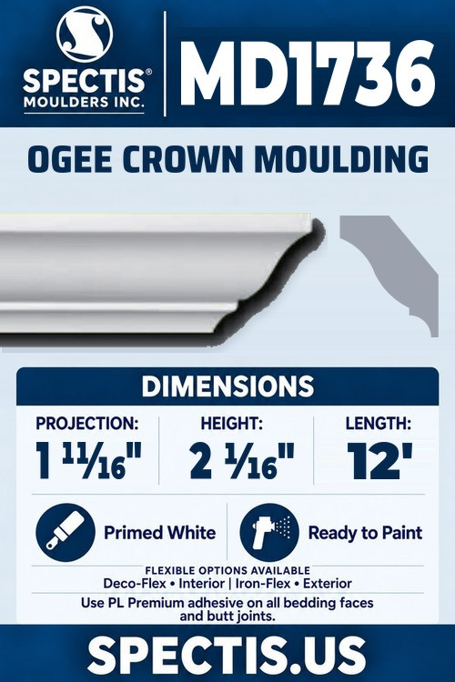MD1736 ogee crown moulding section and side profile