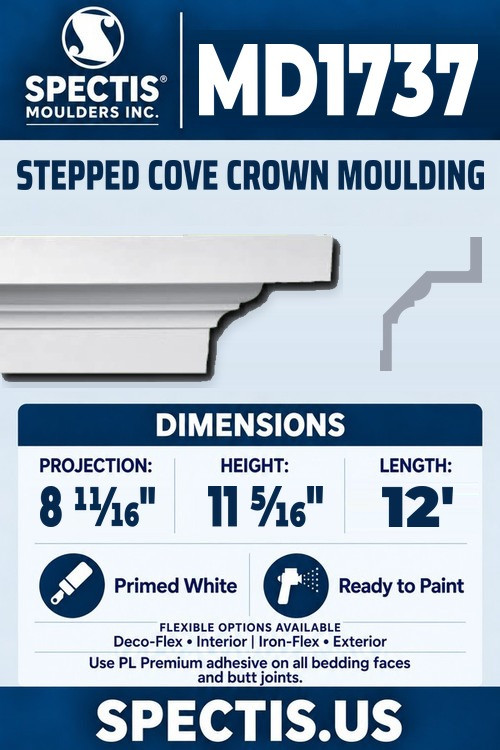 MD1737 stepped cove crown moulding section and side profile