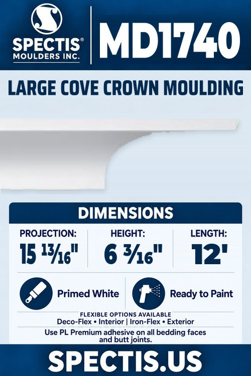 MD1740 large cove crown moulding section and side profile