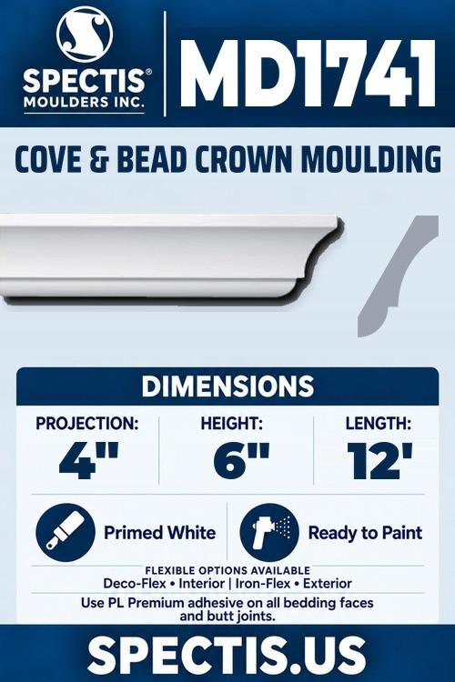 MD1741 cove & bead crown moulding section and side profile