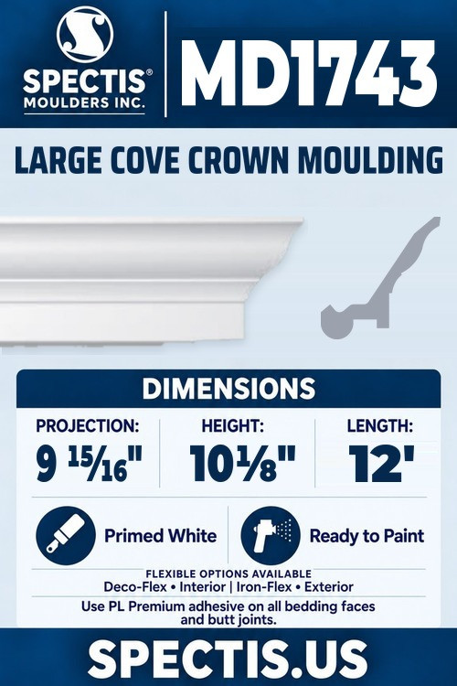 MD1743 large cove crown moulding section and side profile