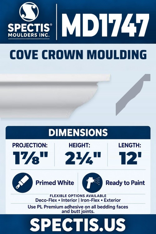 MD1747 cove crown moulding section and side profile