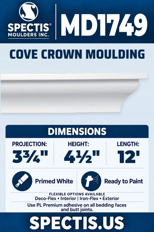 MD1749 cove crown moulding section and side profile