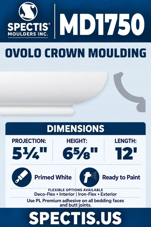 MD1750 ovolo crown moulding section and side profile