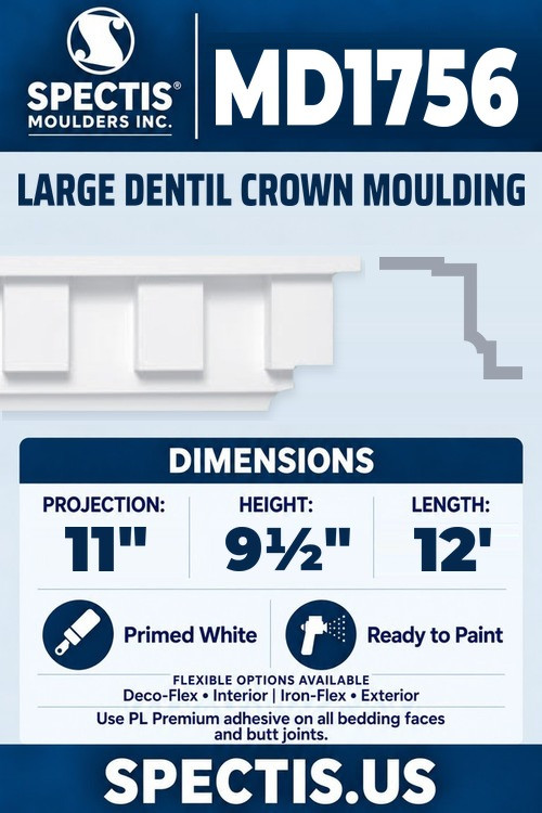 MD1756 large dentil crown moulding section and side profile