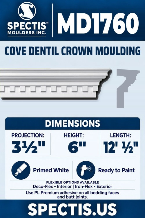 MD1760 cove dentil crown moulding section and side profile