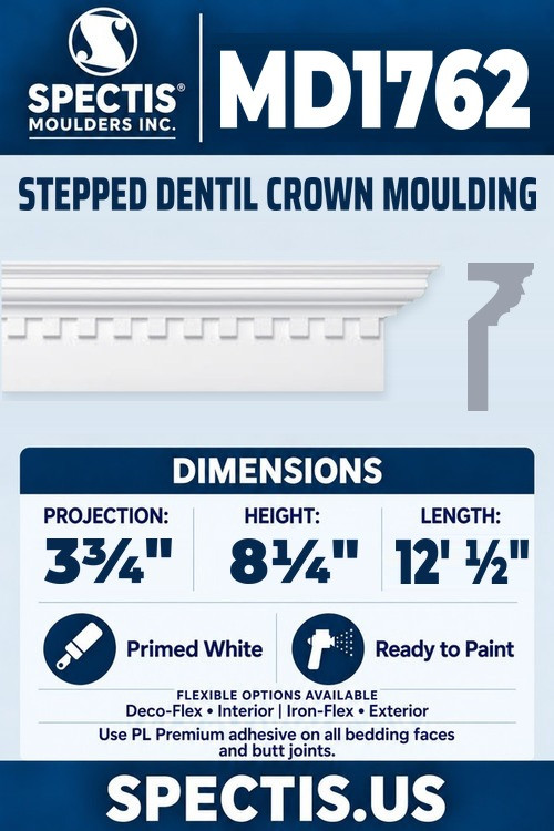 MD1762 stepped dentil crown moulding section and side profile