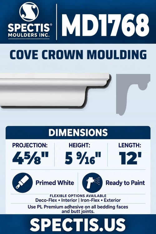 MD1768 cove crown moulding section and side profile
