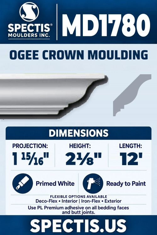 MD1780 ogee crown moulding section and side profile
