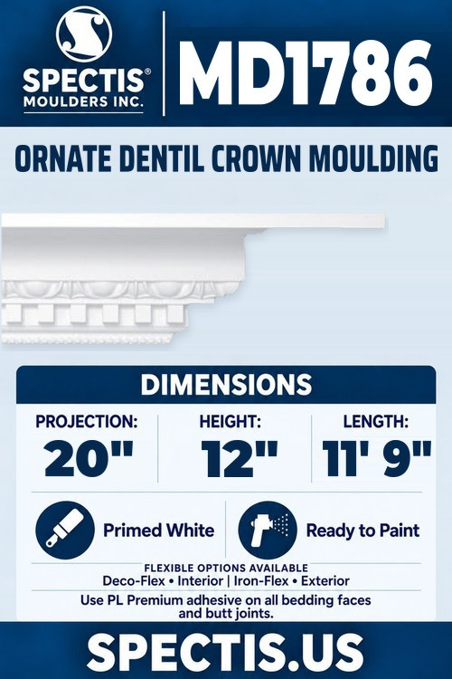 MD1786 ornate dentil crown moulding section and side profile