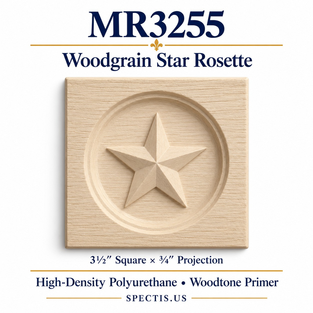 MR3255 woodgrain star HDP moulding rosette, 3½ inch square with ¾ inch projection, woodtone primer